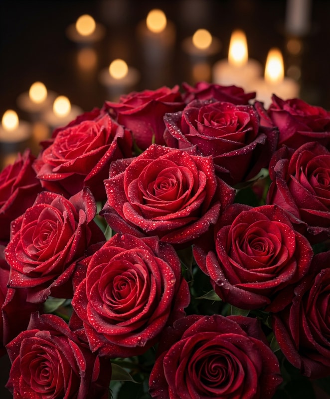HD valentine desktop wallpaper 4K - photorealistic deep red roses with water droplets
