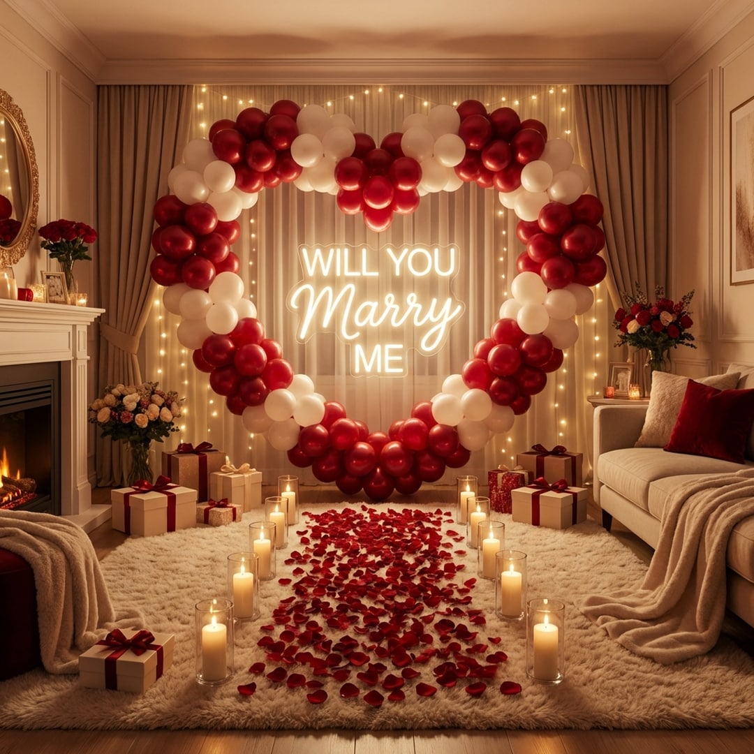 indoor proposal with heart balloons arch