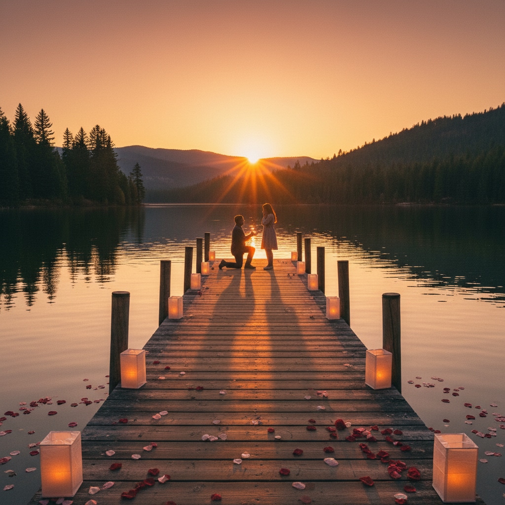 serene lakeside sunset proposal dock