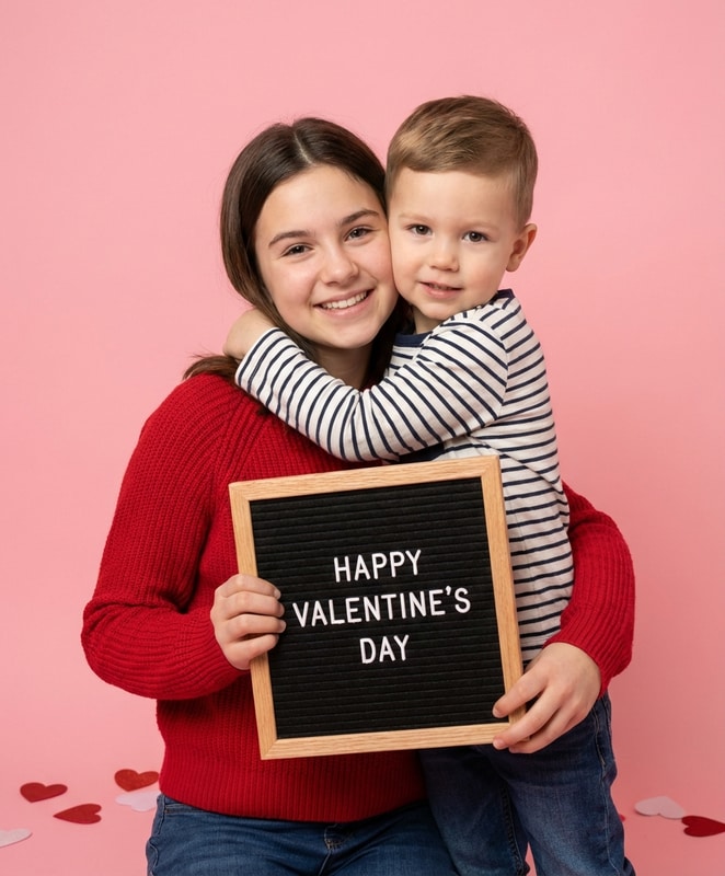 sister and son letterboard hug