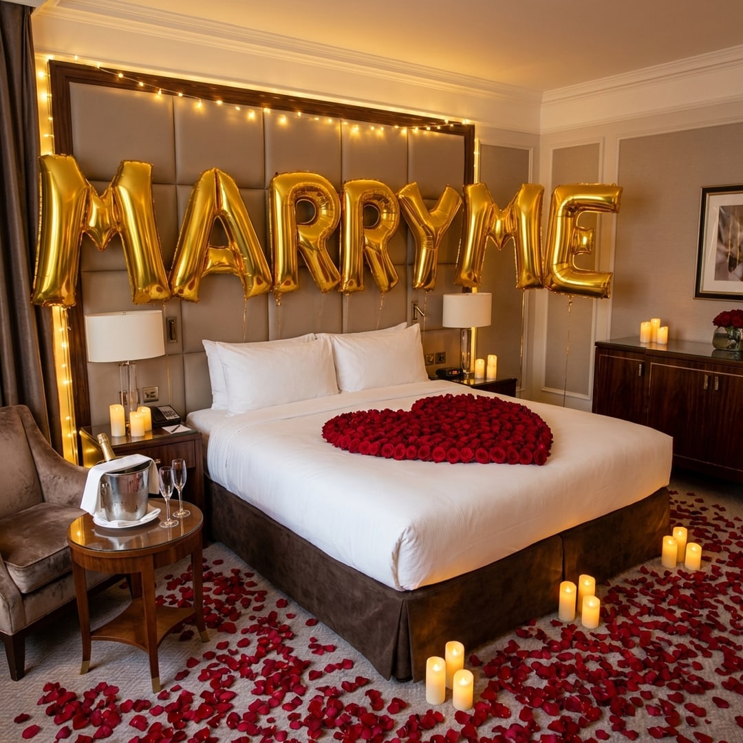 luxury hotel room valentine proposal setup