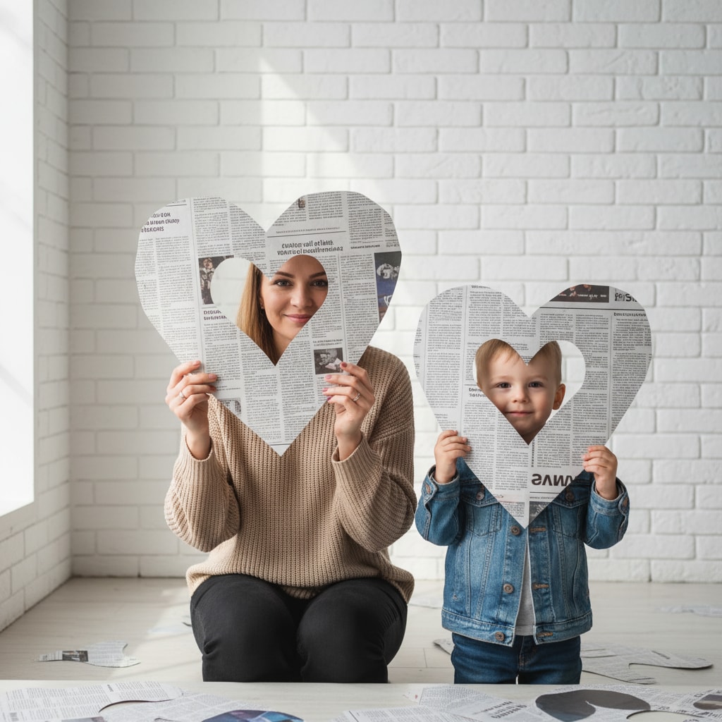 Mom Son Valentine DIY Ideas - Newspaper Heart Cutout Creative Setup