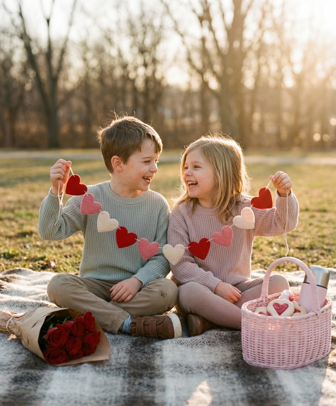 outdoor sibling picnic heart garland