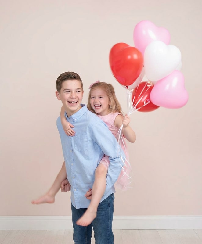 siblings piggyback heart balloons