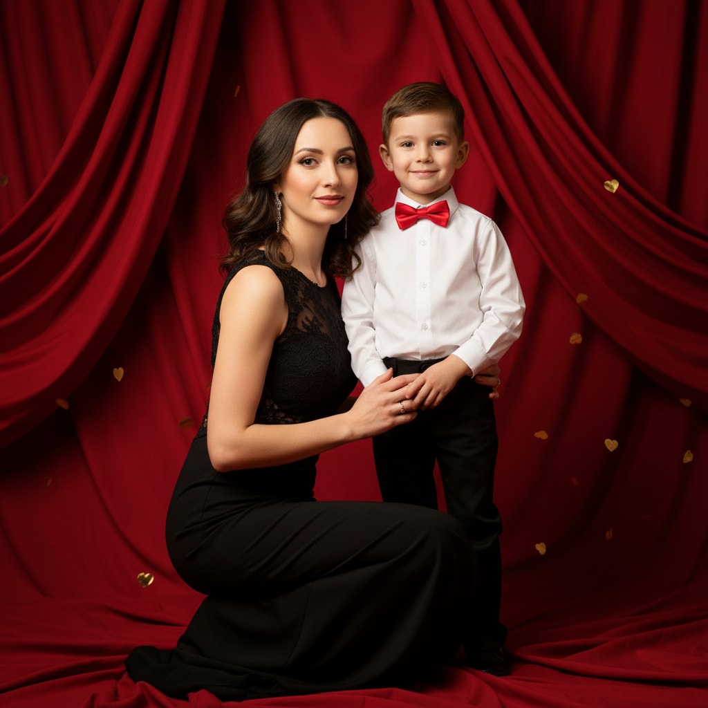 Mother Son Valentine Studio - Professional Red Curtain Backdrop Poses