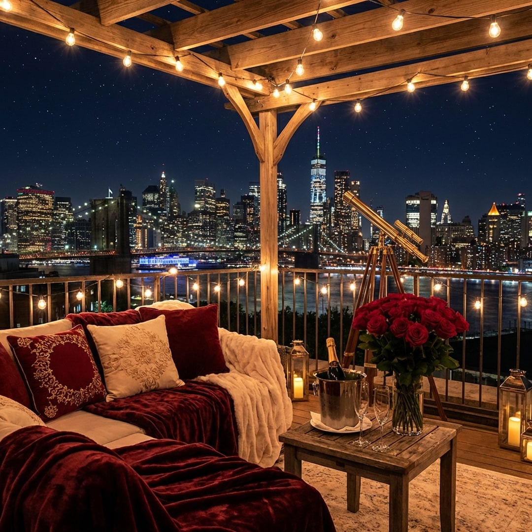 rooftop valentine proposal with city skyline
