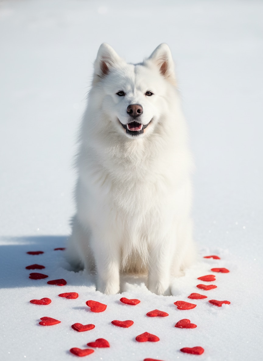Samoyed Snow Red Hearts
