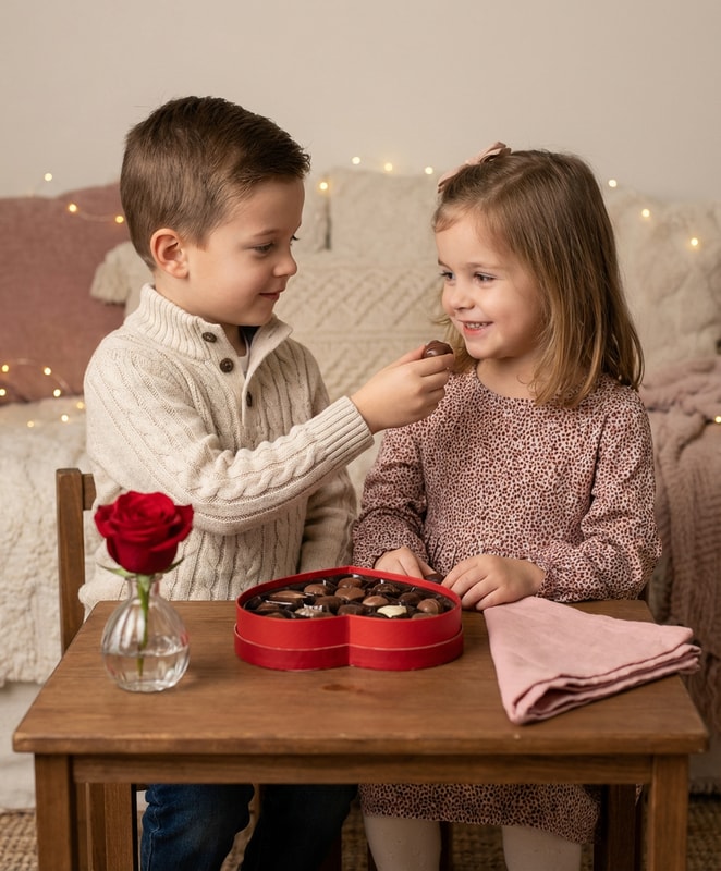 siblings sharing heart chocolate box
