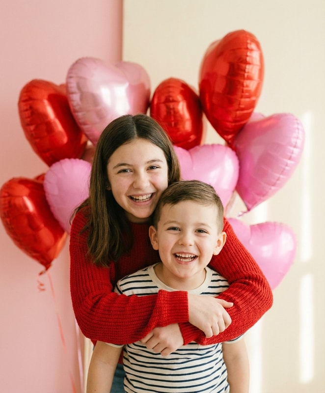 sibling heart balloon hug photos