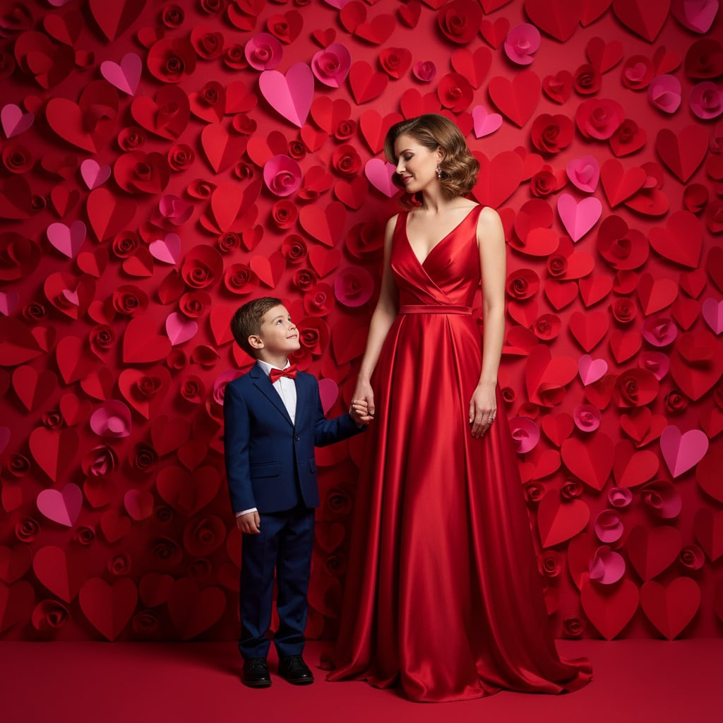 Mother Son Valentine Backdrop - Pink Red Heart Wall Professional Setup