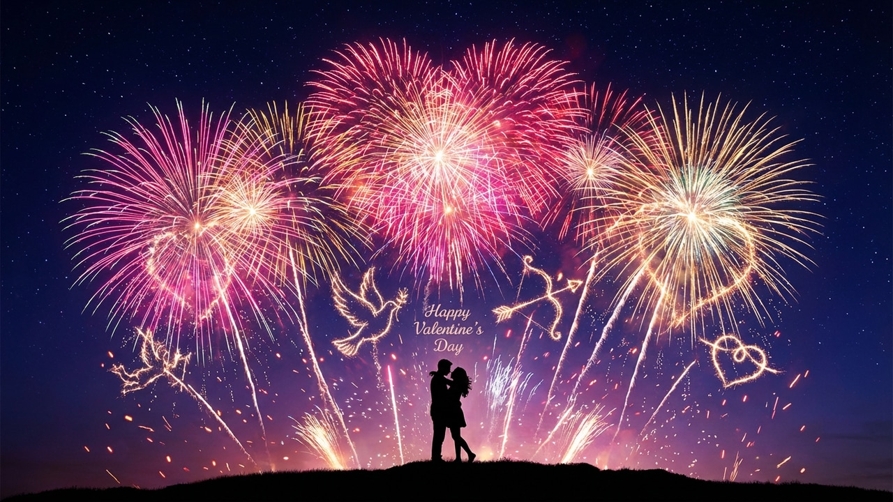 Valentine desktop background fireworks - heart-shaped fireworks explosion in night sky