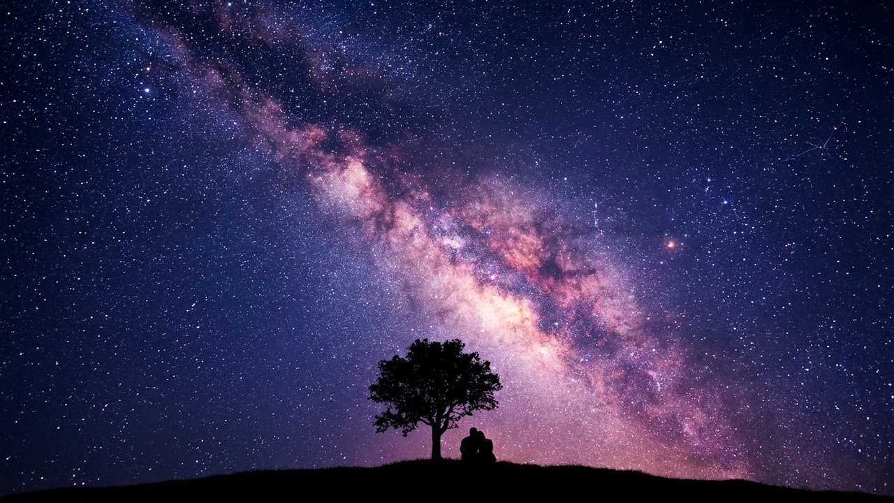 Valentine desktop background starry sky - Milky Way galaxy romantic couple silhouette