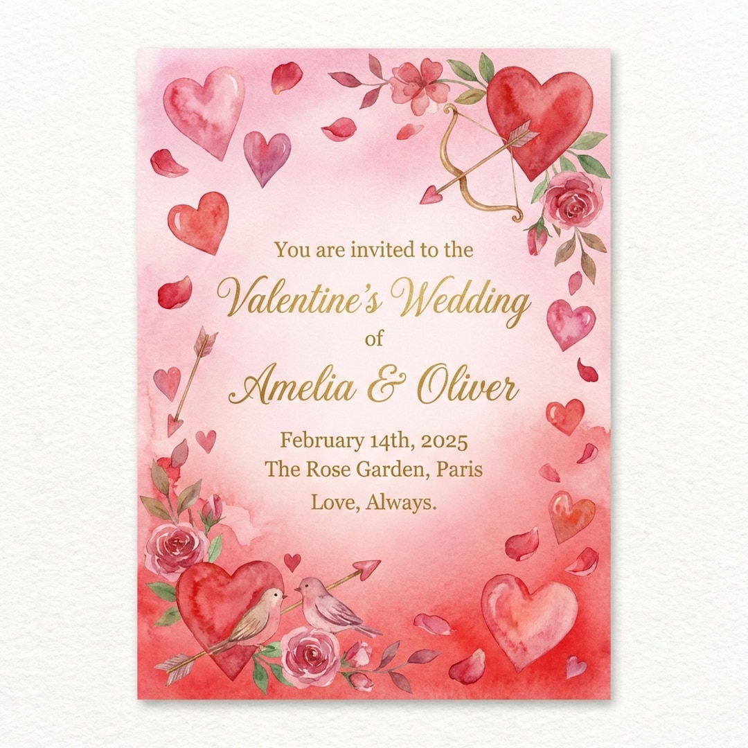 romantic valentine wedding card with watercolor hearts