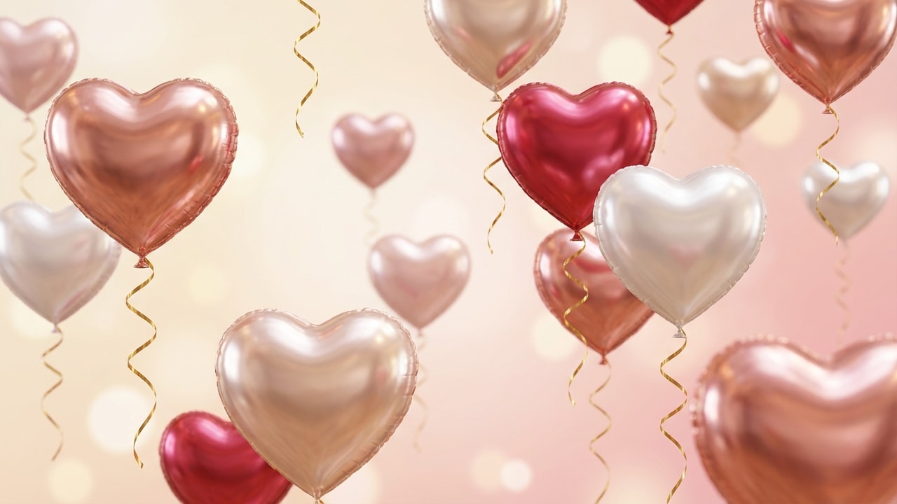 Valentines day desktop wallpaper 3D balloons - photorealistic metallic heart balloons floating