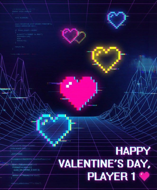 valentines day pc wallpaper - neon pixel hearts in cyberspace