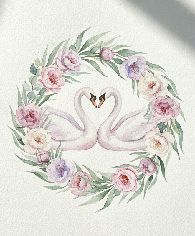 Watercolor Swans Floral Wreath