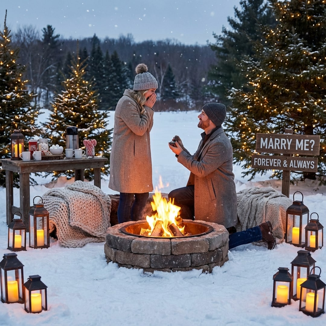 cozy winter snow proposal with fire