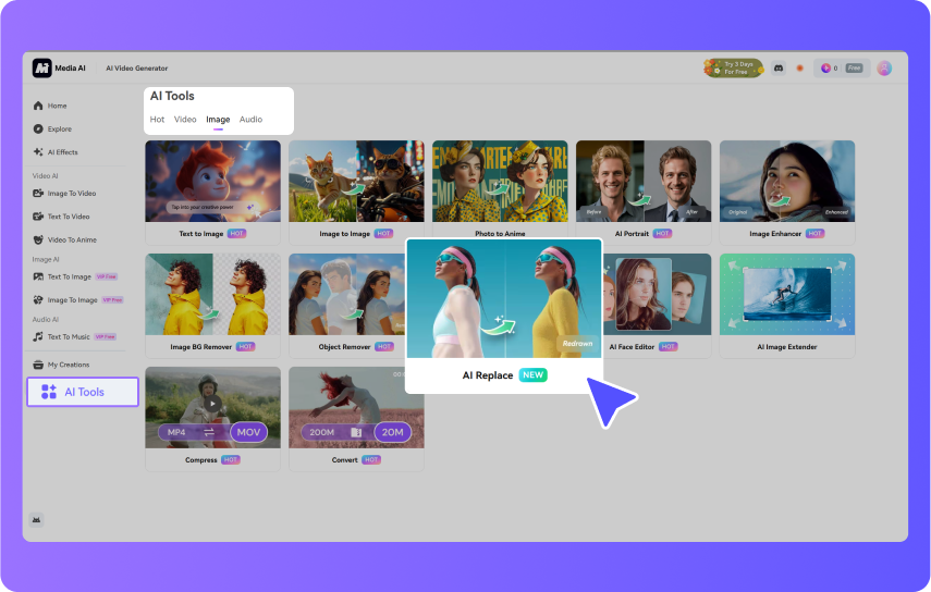 open media.io and access AI Replace