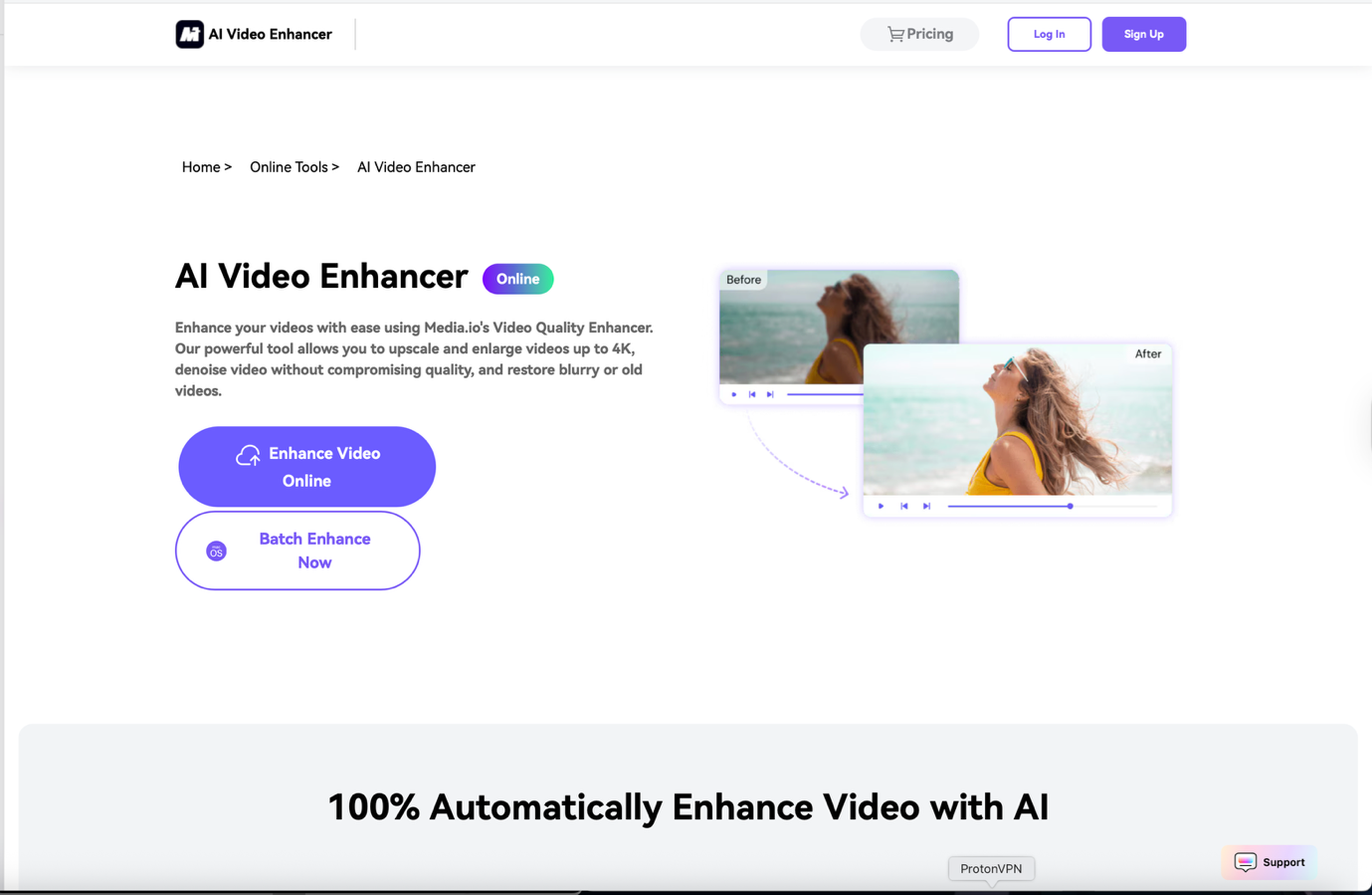 Media io AI Video Enhancer homepage