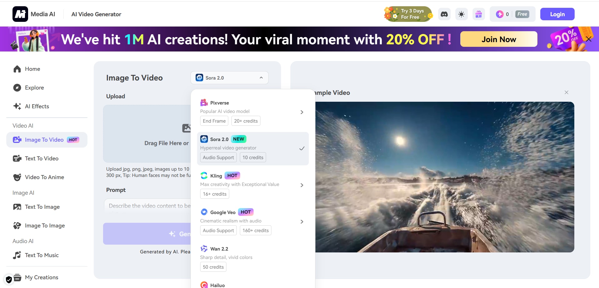 Media.io Sora 2 video generator interface