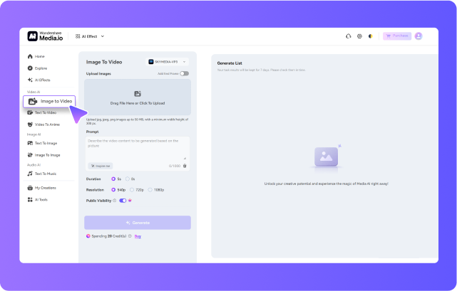 visit media.io image to video ai live tool