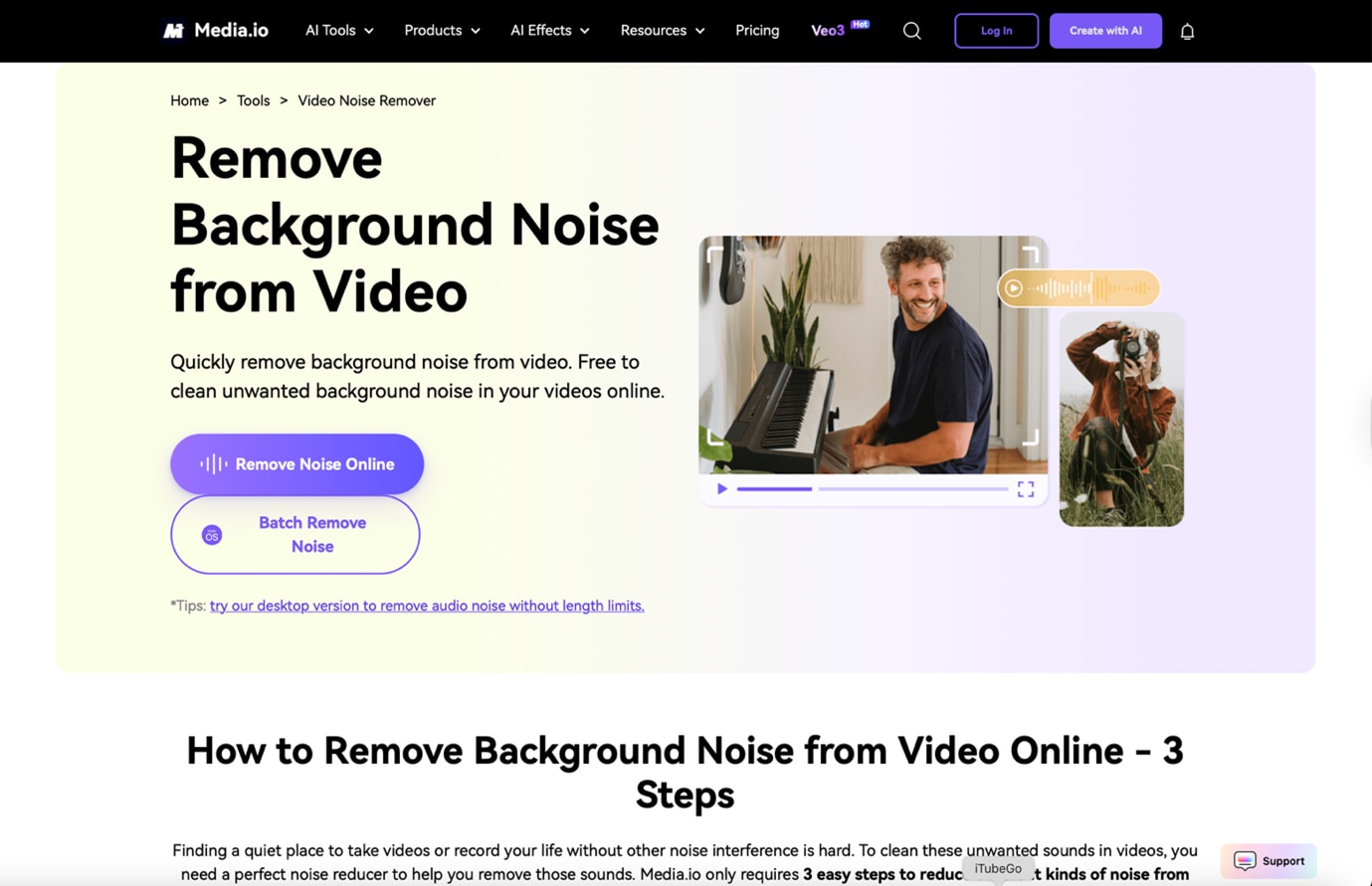 Video Noise Remover media.io homepage