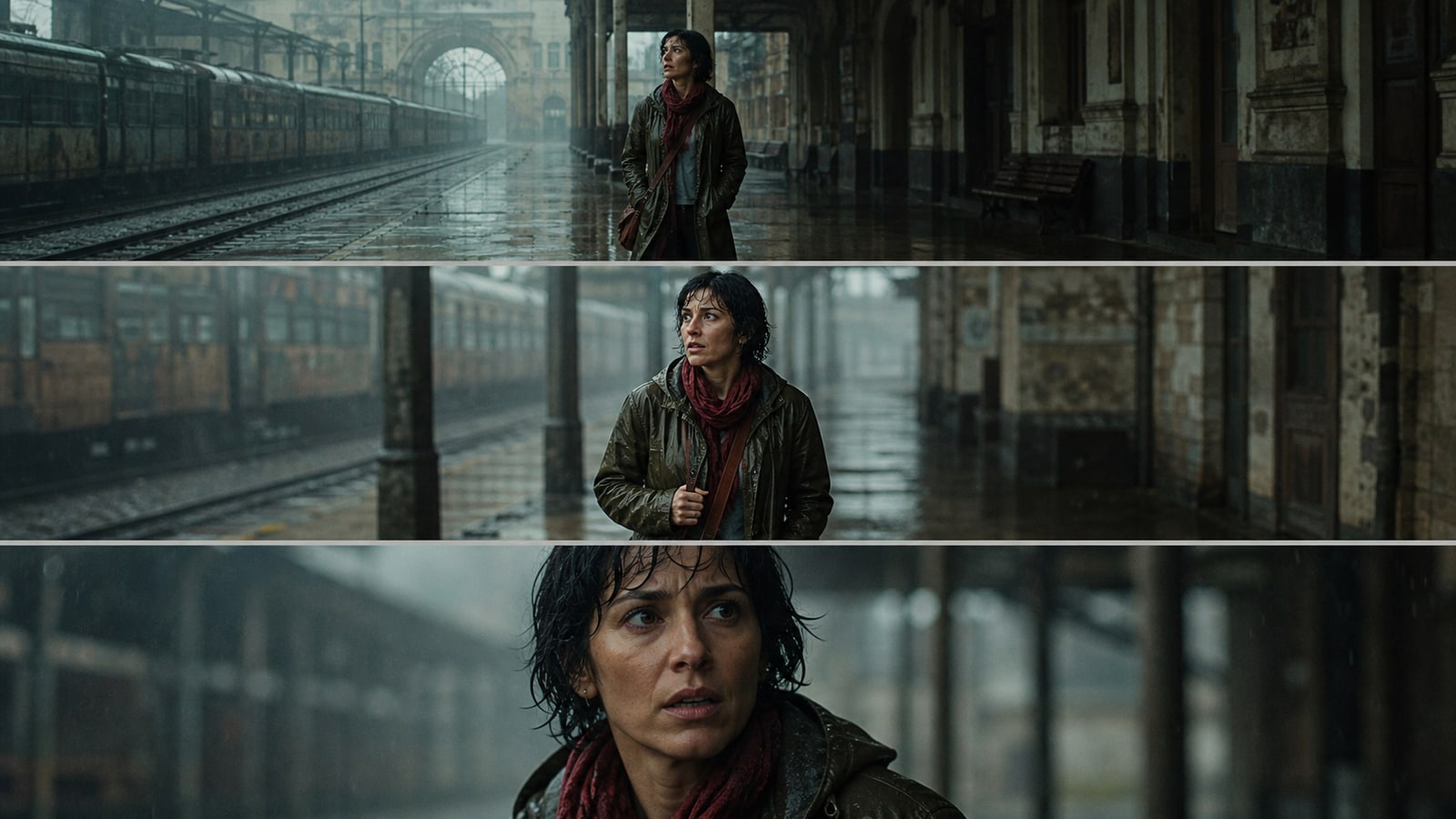 Three consistent cinematic AI keyframes with matched character and environment