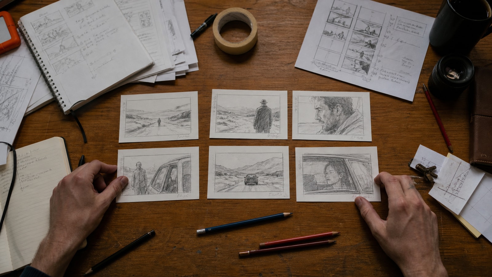 Storyboard contact sheet showing a coherent AI film sequence