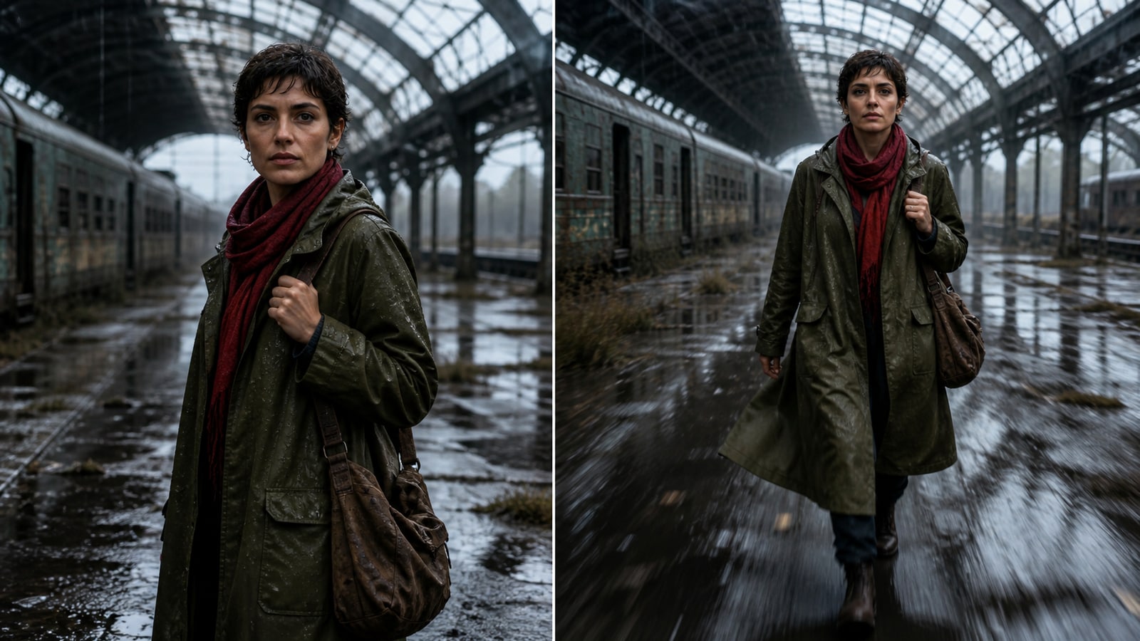 Realistic before-and-after example of a cinematic keyframe transformed into a moving video shot