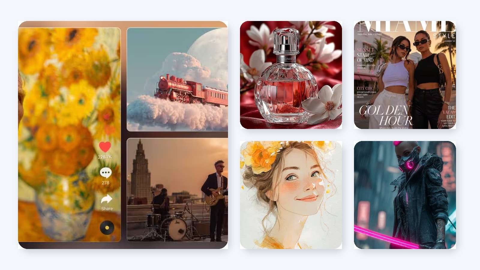 Examples of finished AI-generated campaign visuals, including editorial, product, illustration and cinematic content