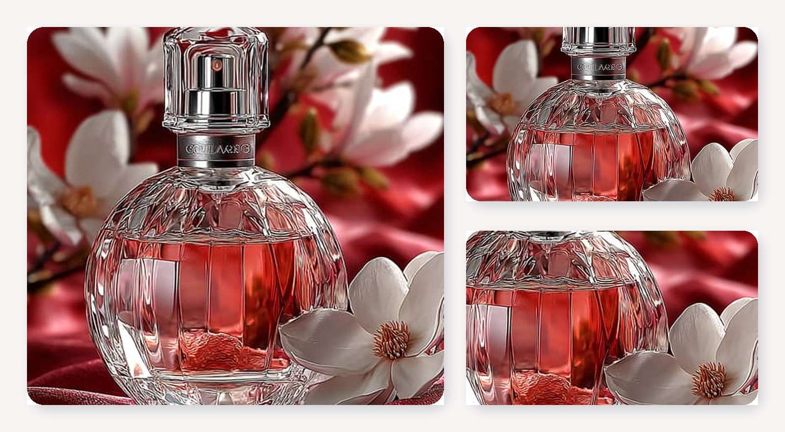 AI-generated perfume product photography with polished lighting, flowers and close-up details
