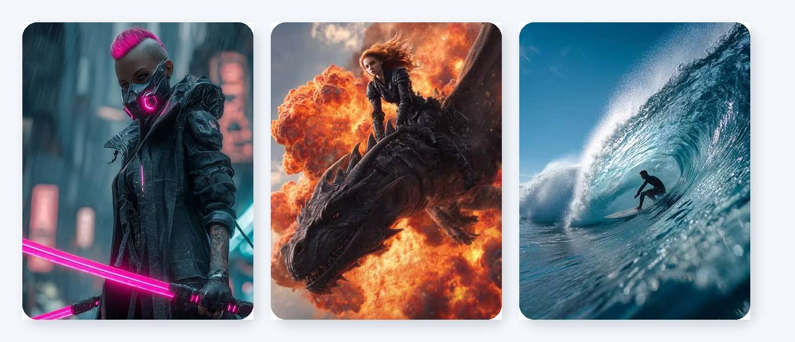 Three cinematic AI video concept frames featuring cyberpunk, fantasy and surfing scenes