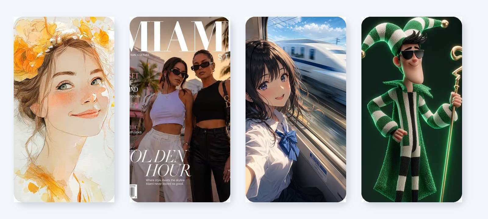 Four AI-generated visual styles showing watercolor, editorial photography, anime and stylized 3D