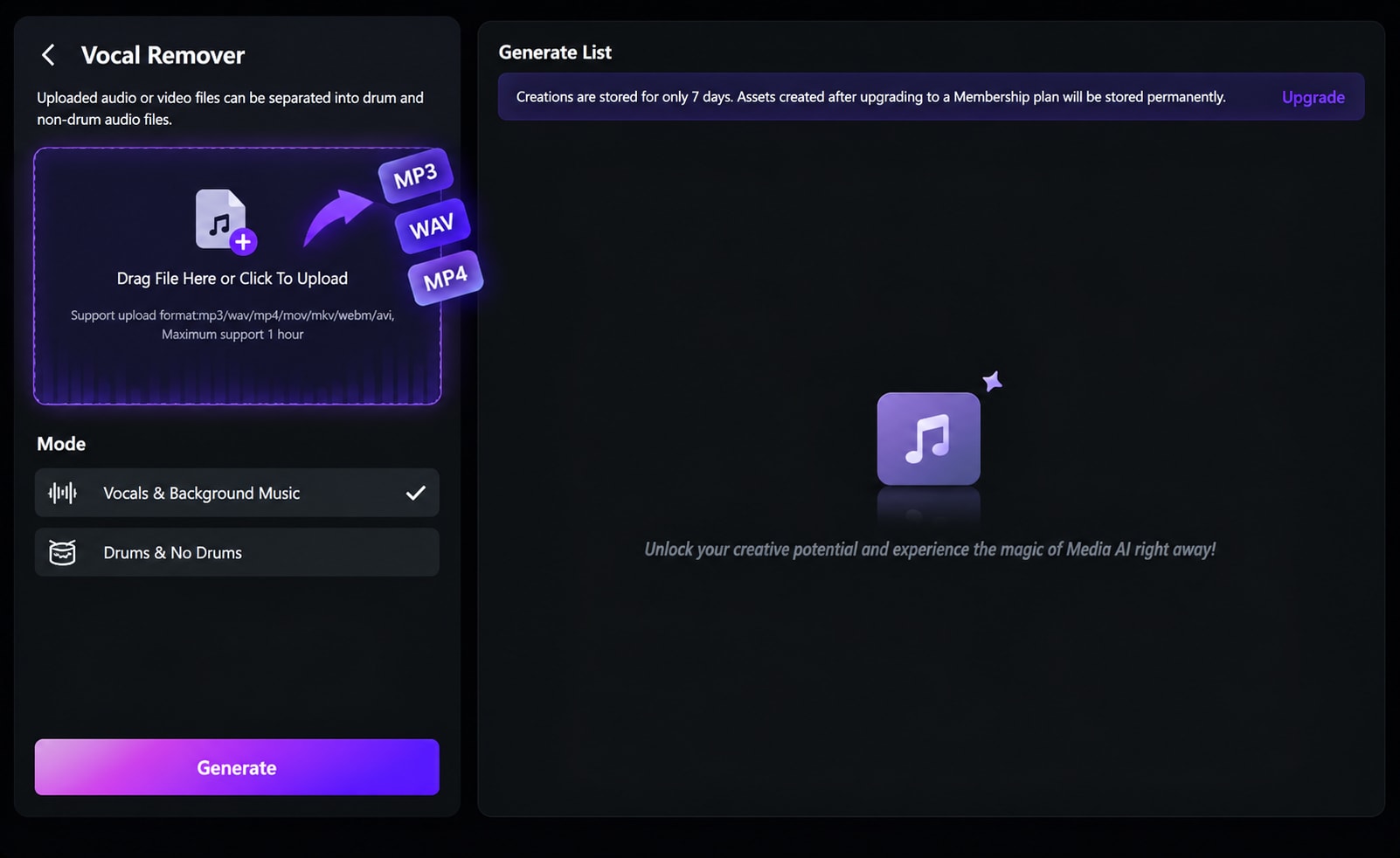 Step 1: Upload your audio file to AI vocal remover