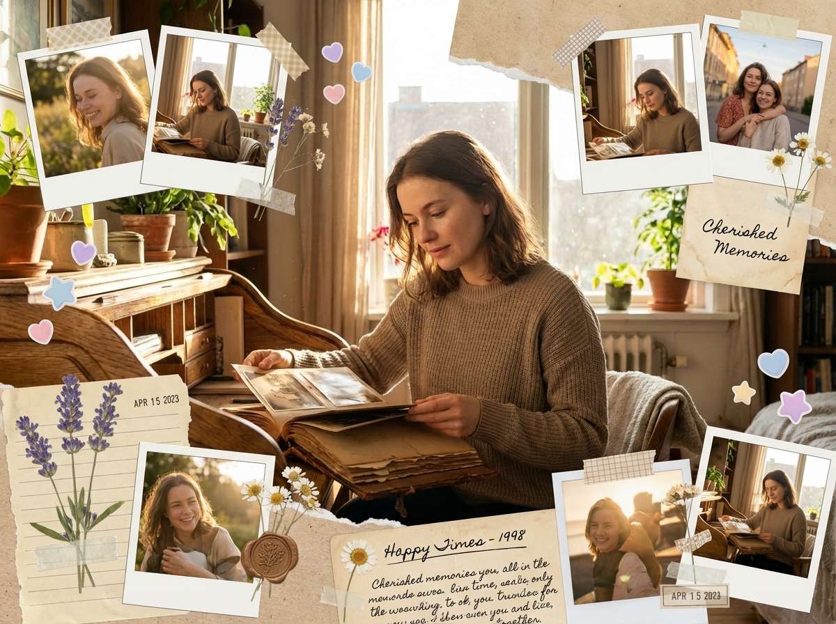 after - AI-generated travel memory collage with minimalist grid layout, warm golden tones, cohesive styling