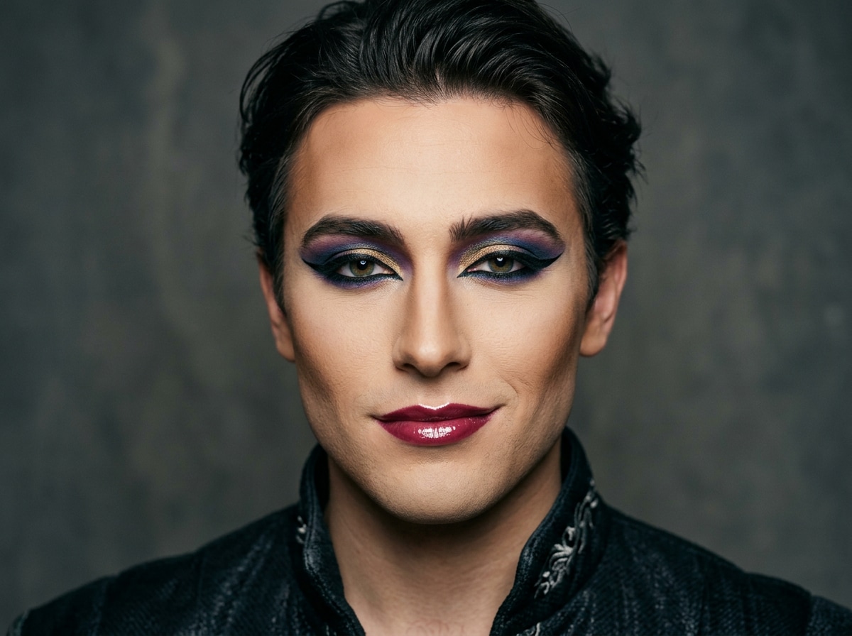 before - man with heavy stage makeup and contouring