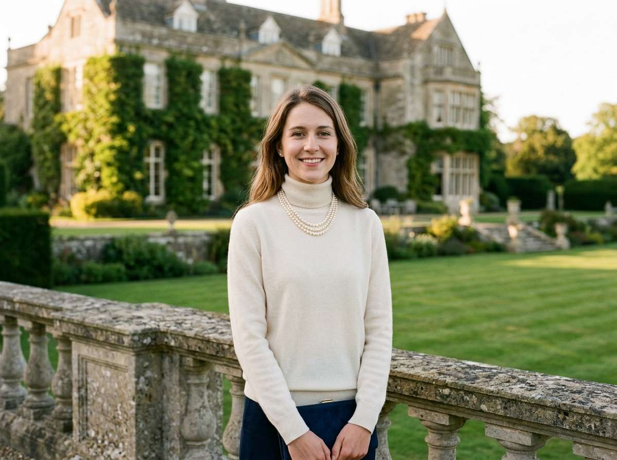 after - woman transformed into old money aesthetic at English country estate by AI