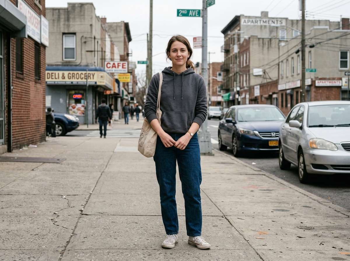 before - ordinary woman portrait on city street