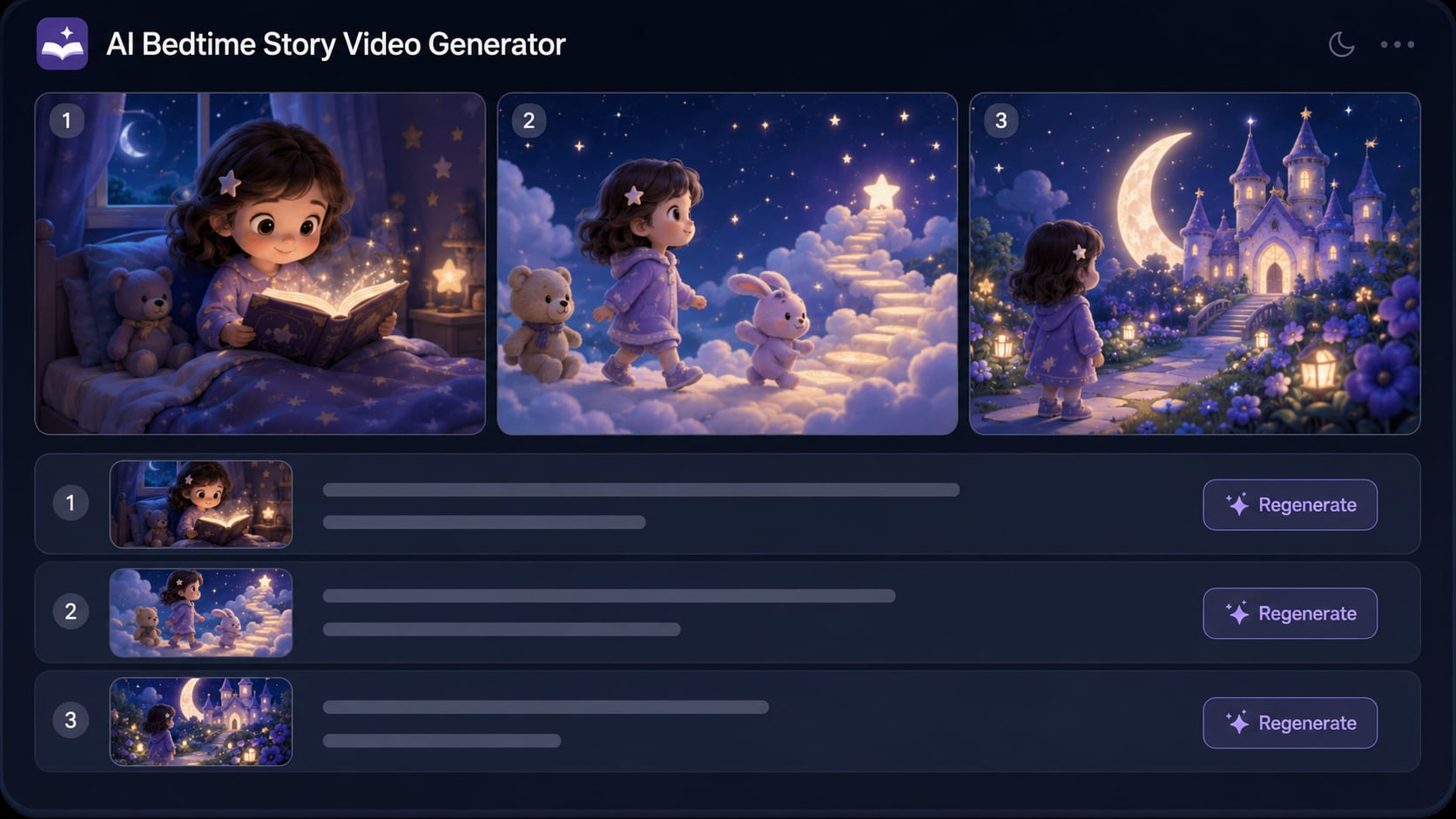 Calm bedtime story video generator feature illustration for soft visuals and cozy scenes