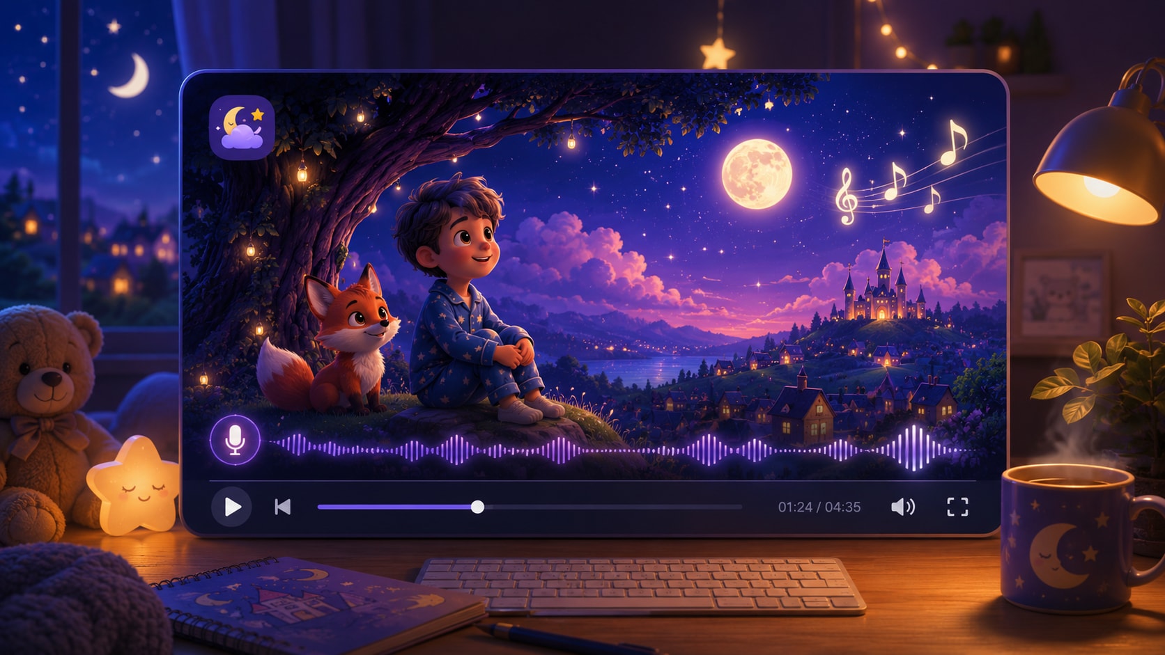 AI narrated bedtime story video feature illustration for soothing voiceover and gentle music