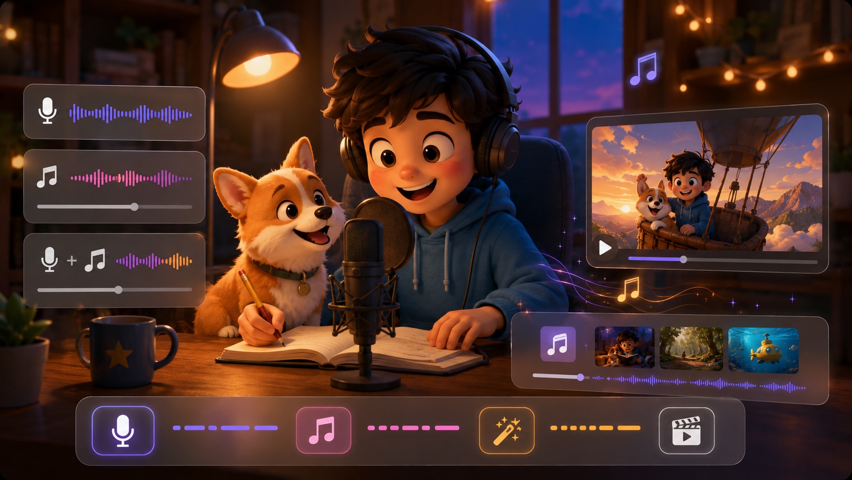 ai cartoon story video with voiceover and music