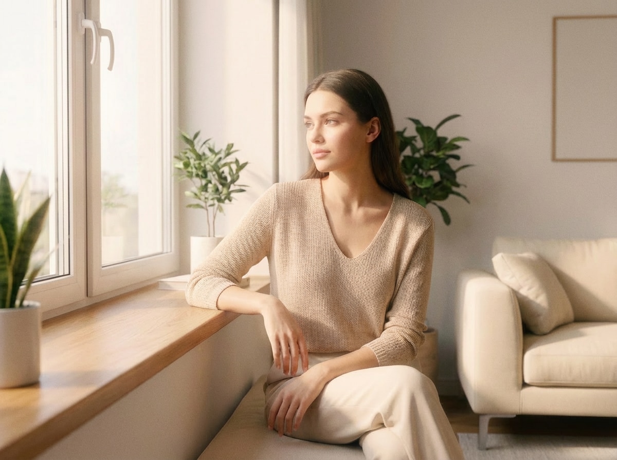 after - same woman in apartment with AI-applied soft film filter, visible 35mm grain, warm cream tones, highlight bloom