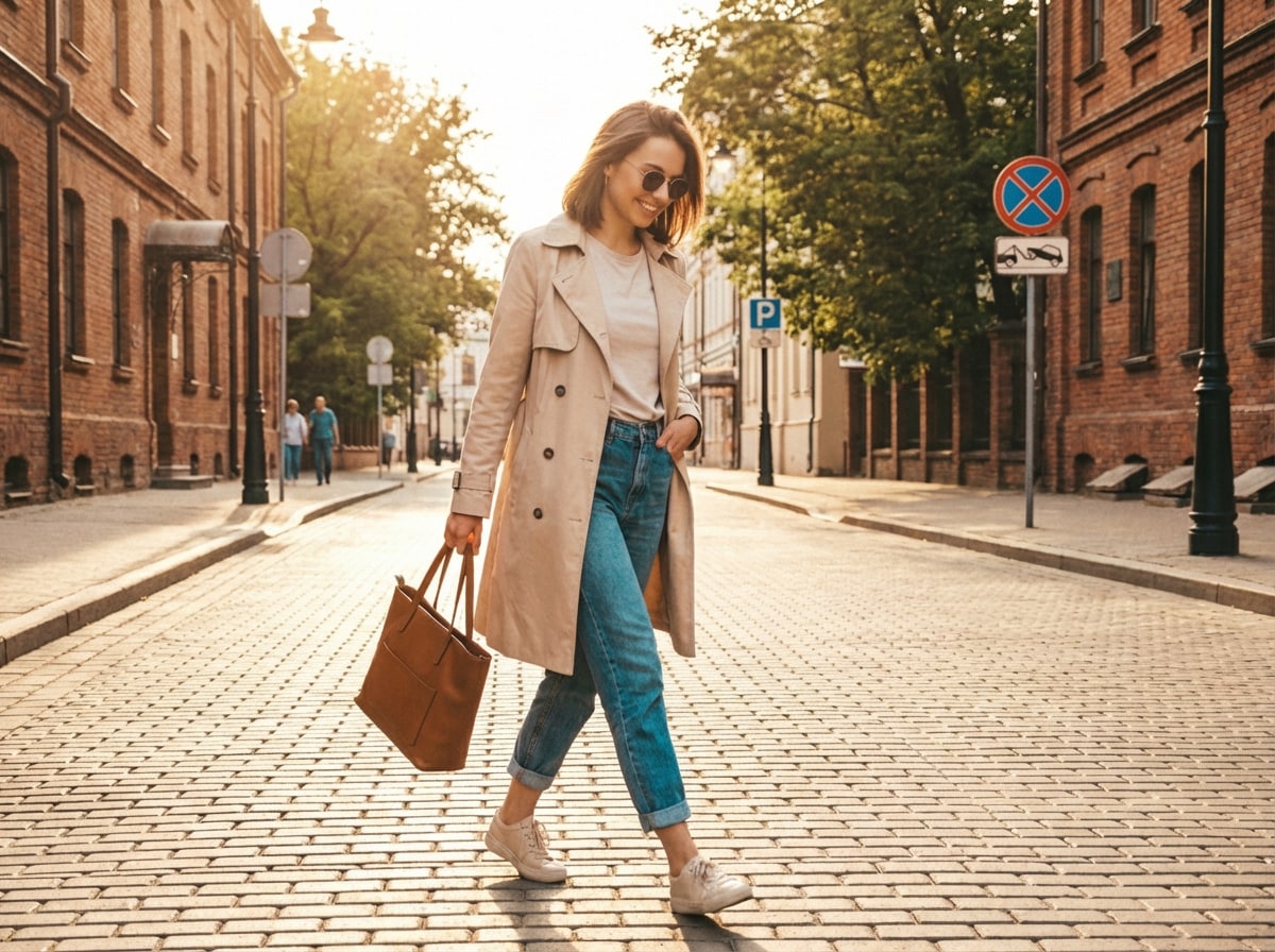 after - same woman on city street with AI-applied soft film filter, visible analog grain, warm amber tones, halation around sunset