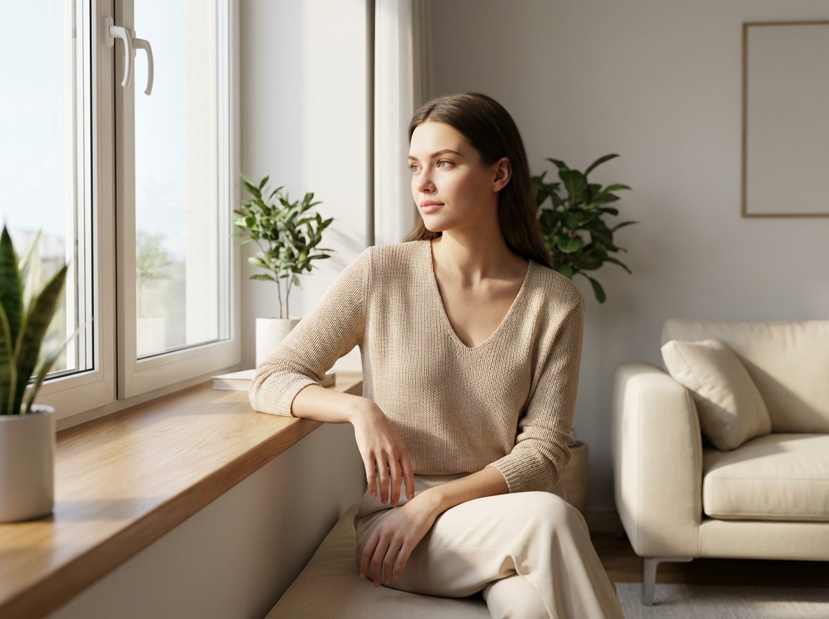 before - woman in apartment by window, clean digital photo, no film effect