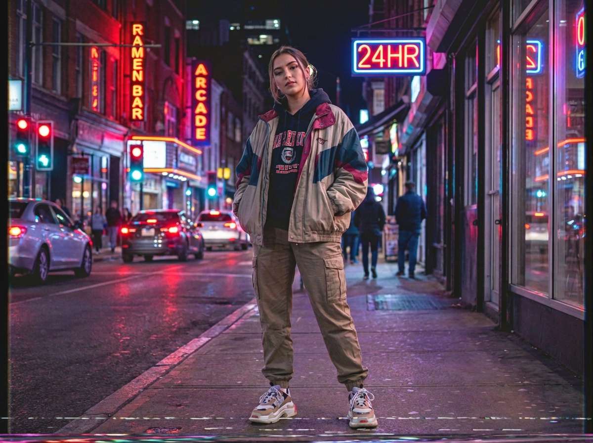 after - same woman on city street with AI-applied heavy VHS filter, static noise, glitch effects, color distortion, retro camcorder look