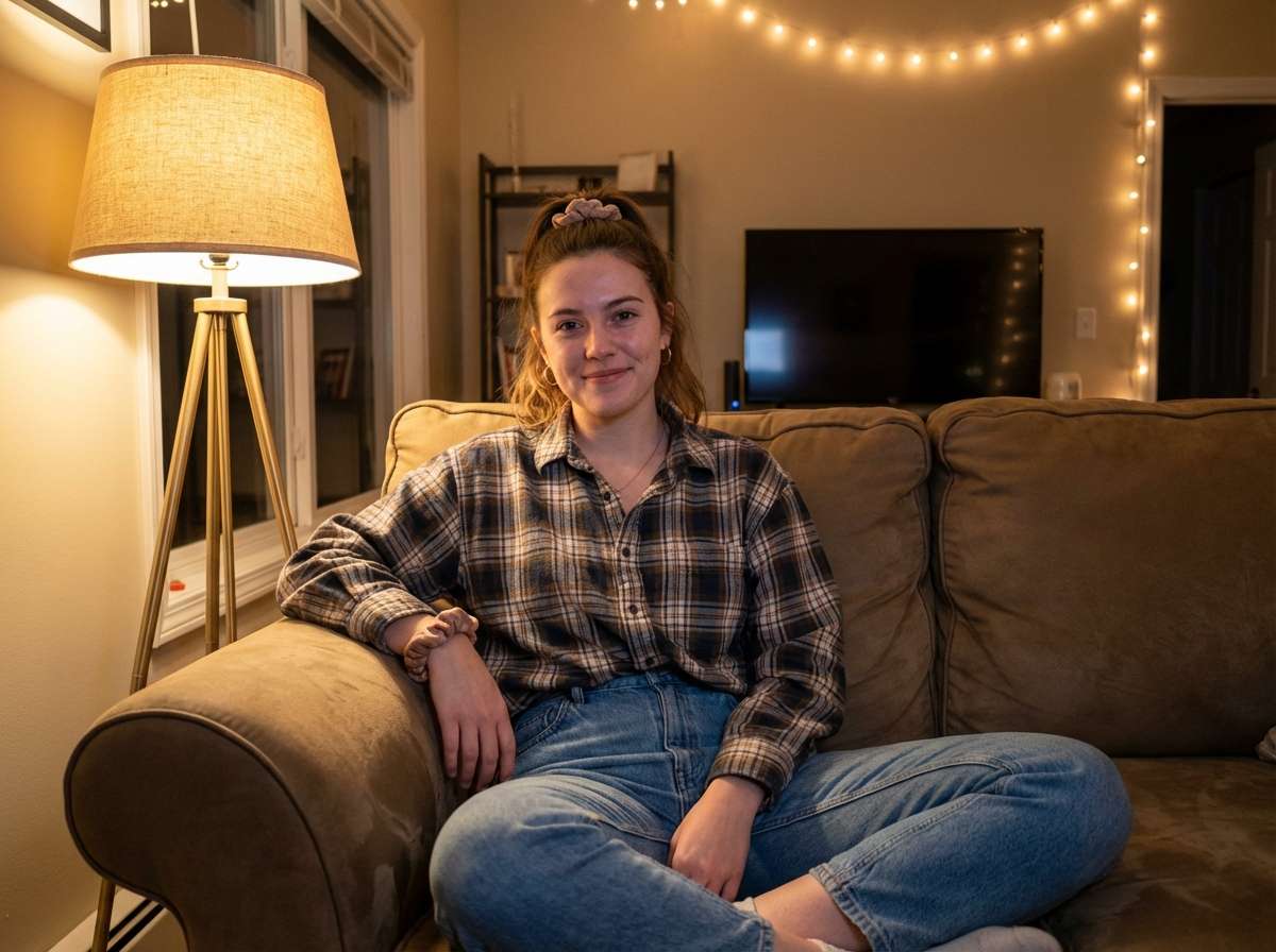 before - woman in bedroom, clean digital photo, no VHS effect