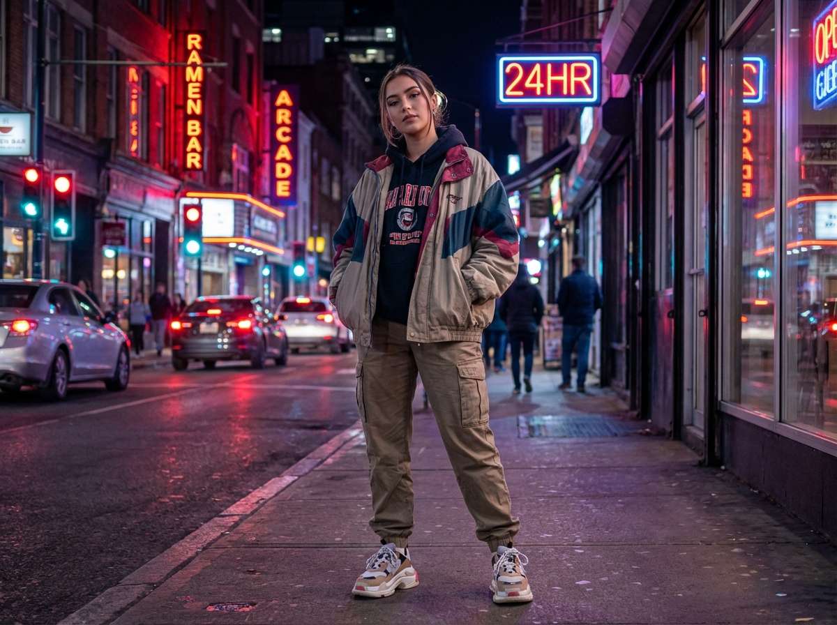 before - woman on city street at night, clean digital photo, no VHS effect