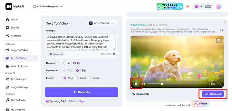 media io preview and download ai generated video 