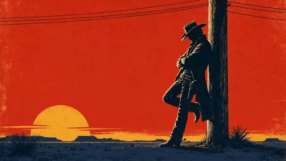 Reference image of a silhouetted western cowboy beside a telegraph pole