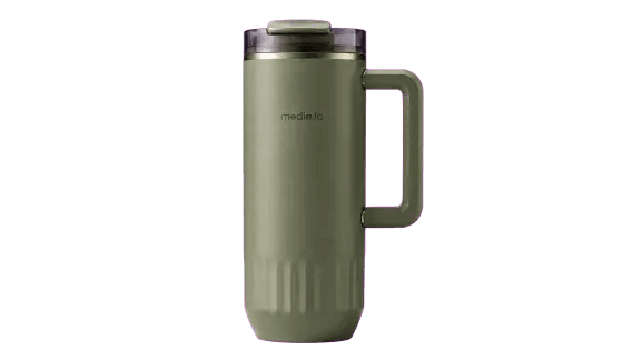 Reference image of a green military-style insulated cup with handle